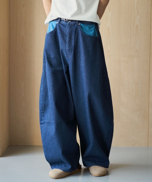 BROKEN BASE(ブロークンベース)の「Anorak Check Patchwork Denim / アノラックチェックパッチワークデニム(デニムパンツ・メンズ・ブラウン/インディゴブルー・MEDIUM/LARGE)」の1枚目の写真