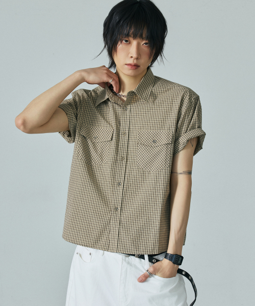 LXT（エルエックスティー）の「コットンチェックダブルポケットクロップ半袖シャツ[ベージュ]（シャツ/ブラウス・メンズ・その他・1/2/3）」の14枚目の写真