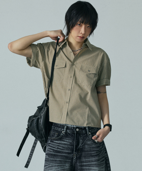 LXT（エルエックスティー）の「コットンチェックダブルポケットクロップ半袖シャツ[ベージュ]（シャツ/ブラウス・メンズ・その他・1/2/3）」の15枚目の写真