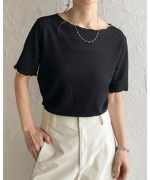 She's Closet(シーズクローゼット)の「半袖 メロウフリル ボートネックトップス 配色バイカラー tシャツ(Tシャツ/カットソー・レディース・ブラック/ホワイト・FREE)」の10枚目の写真