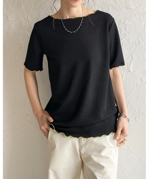 She's Closet(シーズクローゼット)の「半袖 メロウフリル ボートネックトップス 配色バイカラー tシャツ(Tシャツ/カットソー・レディース・ブラック/ホワイト・FREE)」の7枚目の写真