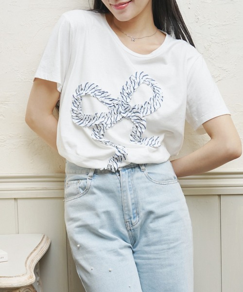 MELSOI.（メルソイ）の「エンブロイダリーリボンTシャツ（Tシャツ/カットソー・レディース・ネイビー/ブルー・FREE）」の13枚目の写真