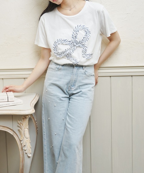 MELSOI.（メルソイ）の「エンブロイダリーリボンTシャツ（Tシャツ/カットソー・レディース・ネイビー/ブルー・FREE）」の14枚目の写真