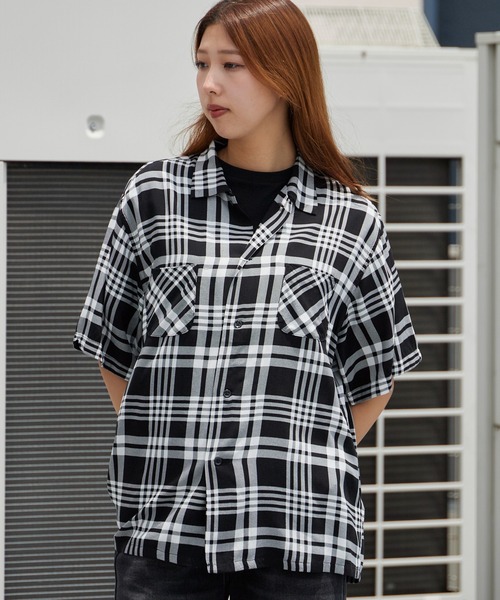 DAN RIVER（ダンリバー ）の「DAN RIVER/ダンリバー RAYON CHECK SS SHIRT チェックシャツ オンブレチェック 半袖 オーバーサイズ メンズ レディース ユニセックス 秋 秋服 2026年秋冬（シャツ/ブラウス・メンズ・ブラウン/ホワイト×ブラック/ブラック・M/S/L）」の7枚目の写真