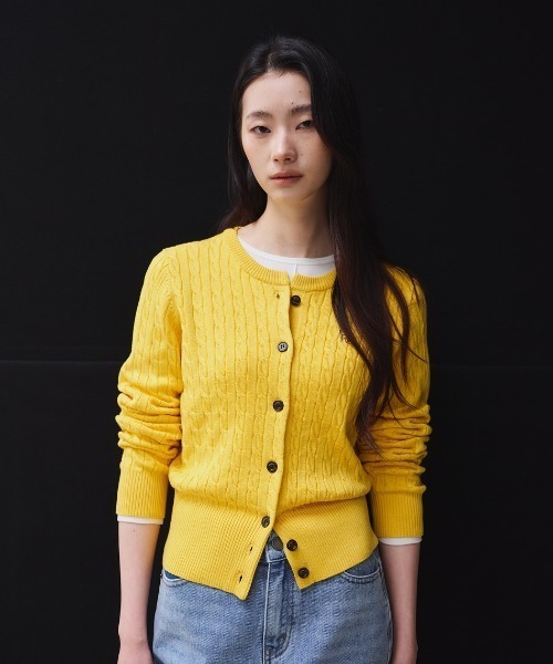 GENERAL IDEA（ジェネラルアイデア）の「GENERAL IDEA/ジェネラルアイディア WOMAN SIGNATURE SUPER FINE WOOL CABLE CARDIGAN ウールブレンドケーブル編みカーディガン 丸首 クルーネック ラウンドネック レディース 秋 秋服 2026年秋冬 冬服（カーディガン/ボレロ・レディース・イエロー/レッド・S/M/L/XS/XL）」の4枚目の写真
