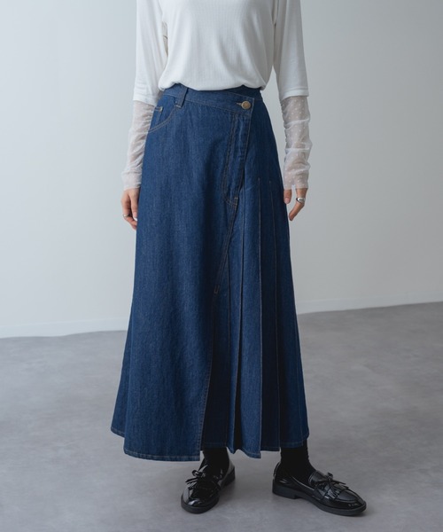 refinedworks(リファインドワークス)の「【refinedworks】アシンメトリーラップ デニム プリーツ 切替 フレア スカート!(デニムスカート・レディース・ネイビー/ブラック・FREE)」の7枚目の写真