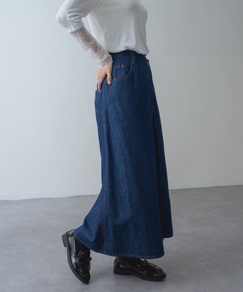 refinedworks(リファインドワークス)の「【refinedworks】アシンメトリーラップ デニム プリーツ 切替 フレア スカート!(デニムスカート・レディース・ネイビー/ブラック・FREE)」の8枚目の写真