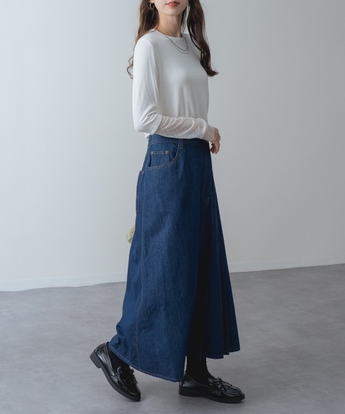 refinedworks(リファインドワークス)の「【refinedworks】アシンメトリーラップ デニム プリーツ 切替 フレア スカート!(デニムスカート・レディース・ネイビー/ブラック・FREE)」の20枚目の写真