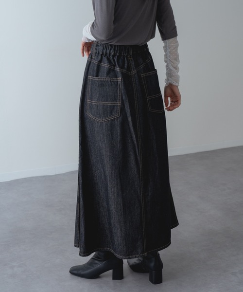 refinedworks(リファインドワークス)の「【refinedworks】アシンメトリーラップ デニム プリーツ 切替 フレア スカート!(デニムスカート・レディース・ネイビー/ブラック・FREE)」の6枚目の写真