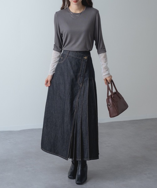 refinedworks(リファインドワークス)の「【refinedworks】アシンメトリーラップ デニム プリーツ 切替 フレア スカート!(デニムスカート・レディース・ネイビー/ブラック・FREE)」の11枚目の写真