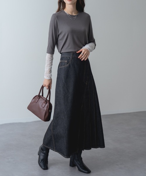 refinedworks(リファインドワークス)の「【refinedworks】アシンメトリーラップ デニム プリーツ 切替 フレア スカート!(デニムスカート・レディース・ネイビー/ブラック・FREE)」の12枚目の写真