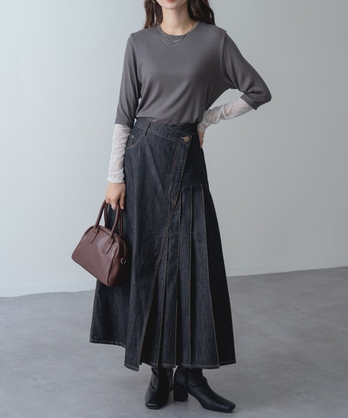 refinedworks(リファインドワークス)の「【refinedworks】アシンメトリーラップ デニム プリーツ 切替 フレア スカート!(デニムスカート・レディース・ネイビー/ブラック・FREE)」の13枚目の写真