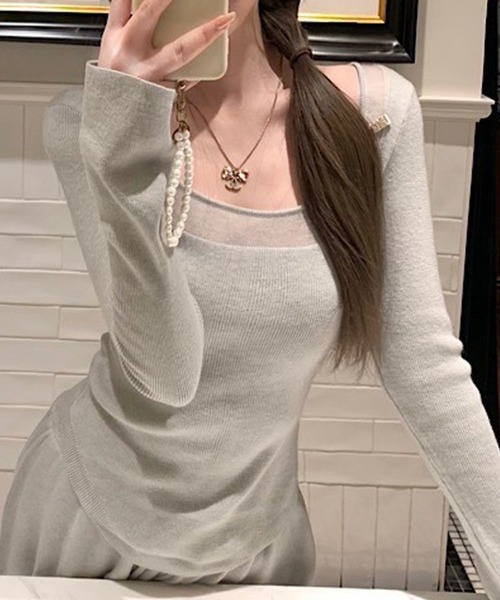 Girly Doll（ガーリードール）の「シアーネックロングスリーブニット（ニット/セーター・レディース・グレー/ベージュ・F）」の5枚目の写真