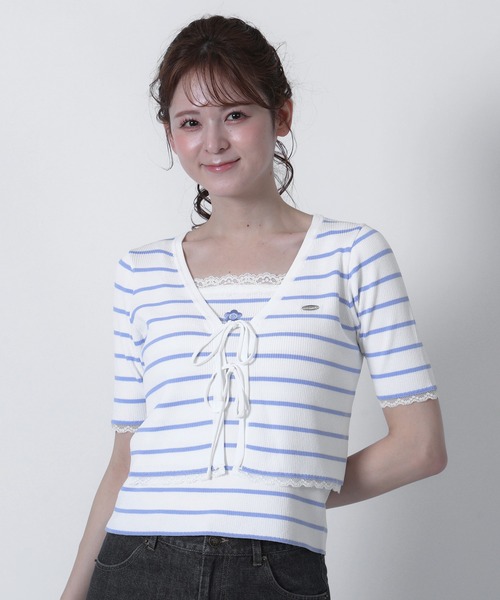MARY QUANT(マリークワント)の「フロントリボンニット アンサンブル(Tシャツ/カットソー・レディース・マルチ/ホワイト/ライトブルー/ブラック・M)」の4枚目の写真
