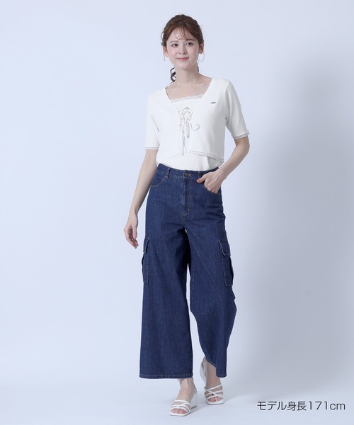 MARY QUANT(マリークワント)の「フロントリボンニット アンサンブル(Tシャツ/カットソー・レディース・マルチ/ホワイト/ライトブルー/ブラック・M)」の5枚目の写真