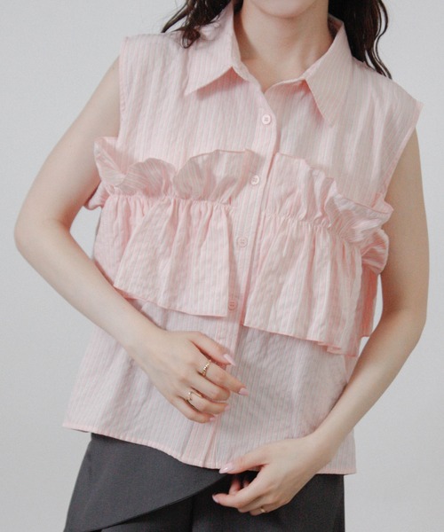 NYLAUS(ナイラス)の「【SG】フリルレイヤード ノースリーブシャツ シャツブラウス(シャツ/ブラウス・レディース・ブラック/オフホワイト/ブルー系その他/イエロー系その他/ピンク系その他・M)」の5枚目の写真