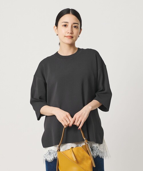 BEAUTY&YOUTH UNITED ARROWS(ビューティーアンドユースユナイテッドアローズ)の「コットンポリエステル ハーフスリーブ ニットプルオーバー ウォッシャブル(ニット/セーター・レディース・オリーブ/オフホワイト/ダークグレー・FREE)」の4枚目の写真