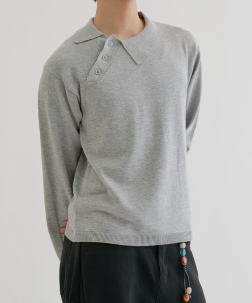EPNK(イーピーエヌケー)の「Long sleeve asymmetry neck polo / ロングスリーブ アシンメトリーネックポロ(ニット/セーター・メンズ・グレー/グレイッシュベージュ/ブラック・MEDIUM/LARGE/SMALL)」の2枚目の写真