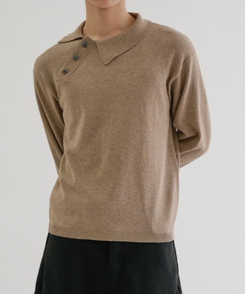 EPNK(イーピーエヌケー)の「Long sleeve asymmetry neck polo / ロングスリーブ アシンメトリーネックポロ(ニット/セーター・メンズ・グレー/グレイッシュベージュ/ブラック・MEDIUM/LARGE/SMALL)」の3枚目の写真