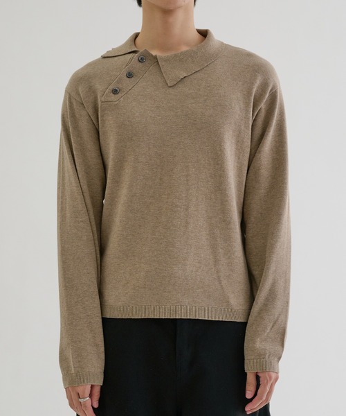 EPNK(イーピーエヌケー)の「Long sleeve asymmetry neck polo / ロングスリーブ アシンメトリーネックポロ(ニット/セーター・メンズ・グレー/グレイッシュベージュ/ブラック・MEDIUM/LARGE/SMALL)」の4枚目の写真