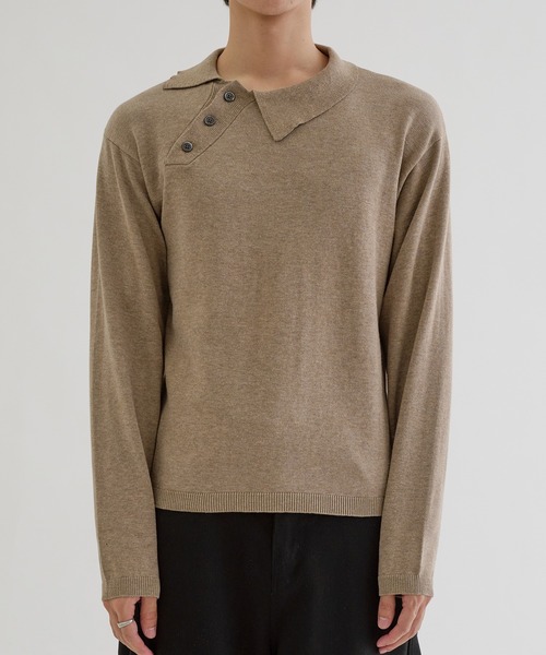EPNK(イーピーエヌケー)の「Long sleeve asymmetry neck polo / ロングスリーブ アシンメトリーネックポロ(ニット/セーター・メンズ・グレー/グレイッシュベージュ/ブラック・MEDIUM/LARGE/SMALL)」の5枚目の写真