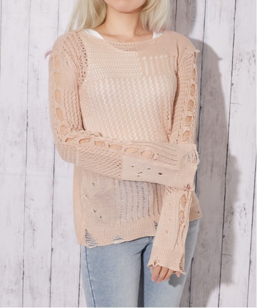 GORGE(ゴージ)の「【レイヤード完成 2点セット】ダメージメッシュニット|全4色(ニット/セーター・レディース・ボルドー/ブラック/ベージュ/ライトグレー・F)」の1枚目の写真