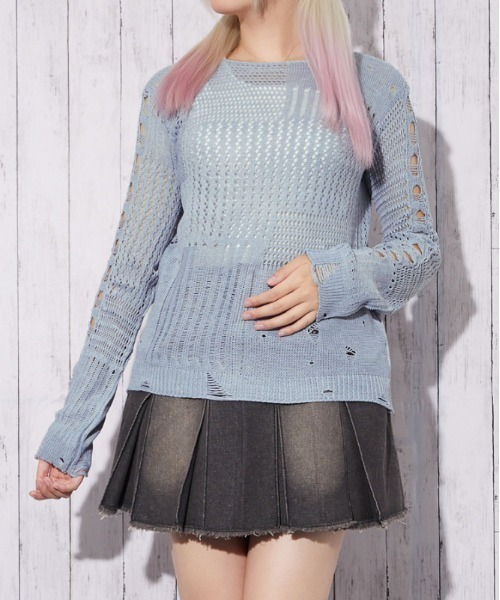 GORGE(ゴージ)の「【レイヤード完成 2点セット】ダメージメッシュニット|全4色(ニット/セーター・レディース・ボルドー/ブラック/ベージュ/ライトグレー・F)」の3枚目の写真