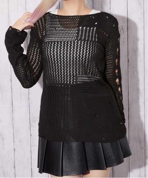 GORGE(ゴージ)の「【レイヤード完成 2点セット】ダメージメッシュニット|全4色(ニット/セーター・レディース・ボルドー/ブラック/ベージュ/ライトグレー・F)」の2枚目の写真