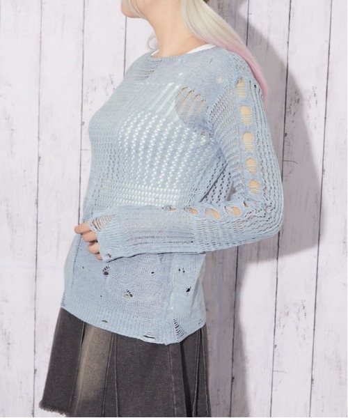 GORGE(ゴージ)の「【レイヤード完成 2点セット】ダメージメッシュニット|全4色(ニット/セーター・レディース・ボルドー/ブラック/ベージュ/ライトグレー・F)」の7枚目の写真