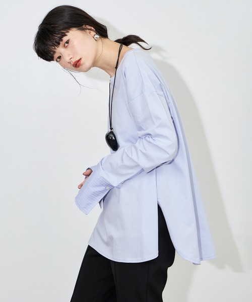 ADAM ET ROPE'(アダムエロペ)の「シャツカフスロングスリーブTシャツ(シャツ/ブラウス・レディース・ホワイト/サックスブルー・FREE)」の1枚目の写真