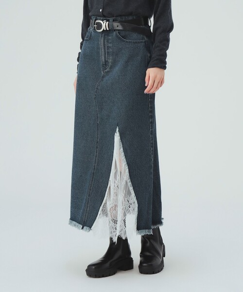 BEAMS HEART(ビームスハート)の「レース デニム ナロー スカート(デニムスカート・レディース・ネイビー/グレー・MEDIUM/SMALL)」の2枚目の写真