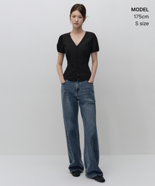 MUSINSA STANDARD WOMAN（ムシンサスタンダードウーマン）の「ウィメンズRNスリムタイフィット半袖ブラウス[ブラック]（シャツ/ブラウス・レディース・その他・SMALL/MEDIUM/LARGE）」の5枚目の写真