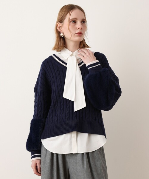 allureville(アルアバイル)の「バイカラーケーブルⅤプルオーバー(ニット/セーター・レディース・ダークネイビー/ホワイト系その他・2)」の2枚目の写真