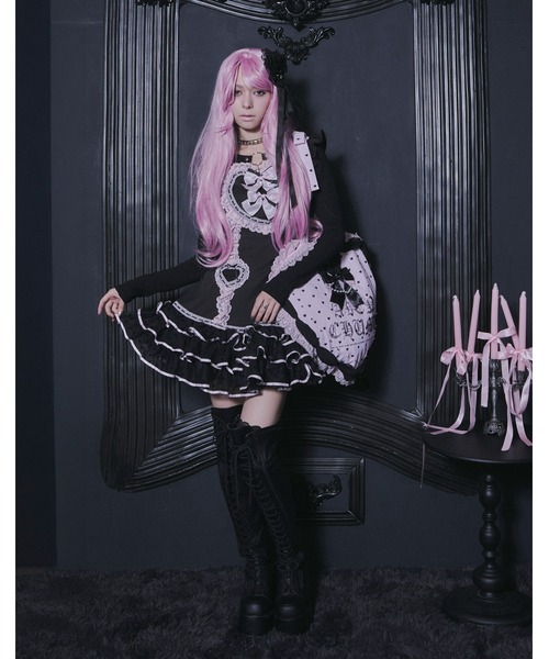 AVENCHUMU(アバンチュウム)の「Front heart ribbon one piece(ワンピース・レディース・ピンク/ブラック×ピンク/ブラック・FREE)」の4枚目の写真