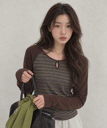 ストライプラグランボタンTシャツ ブラウン