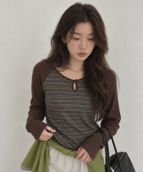SAYUU（サユ）の「ストライプラグランボタンTシャツ ブラウン（Tシャツ/カットソー・レディース・その他・FREE）」の3枚目の写真