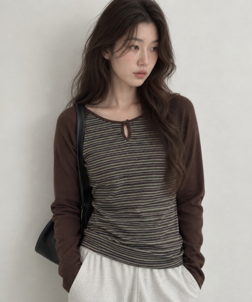 SAYUU（サユ）の「ストライプラグランボタンTシャツ ブラウン（Tシャツ/カットソー・レディース・その他・FREE）」の4枚目の写真
