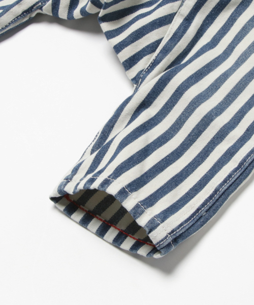 COMECHATTO&CLOSET（カムチャットアンドクロゼット）の「ヒッコリーサルエル８分丈パンツ（デニムパンツ・キッズ・ブルー・90/110/120/100/140/130）」の5枚目の写真