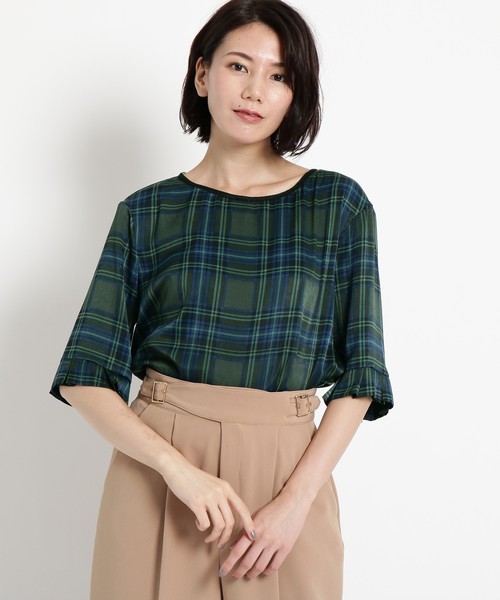 Sunauna(スーナウーナ)の「【洗える】タック袖チェックブラウス(シャツ/ブラウス・レディース・ダークグリーン/ダークグレー・40/38)」の2枚目の写真