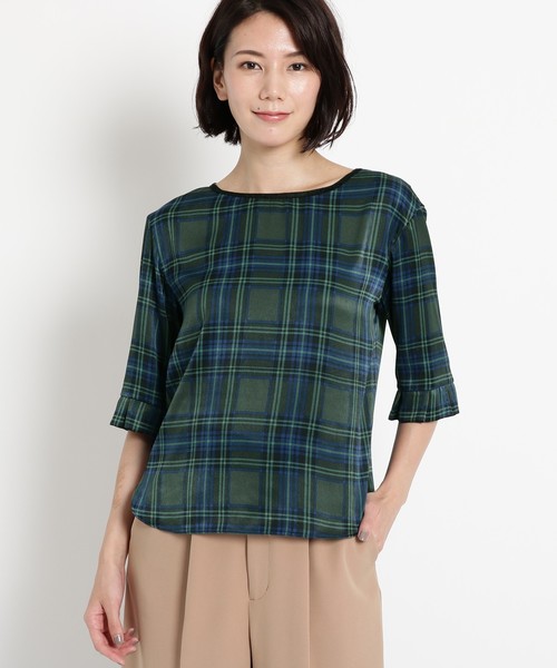 Sunauna(スーナウーナ)の「【洗える】タック袖チェックブラウス(シャツ/ブラウス・レディース・ダークグリーン/ダークグレー・40/38)」の4枚目の写真