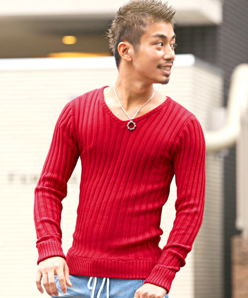 LUXSTYLE(ラグスタイル)の「リブVネックニットセーター(ニット/セーター・メンズ・ブラック/レッド/ホワイト/杢グレー・M/L/XL)」の4枚目の写真
