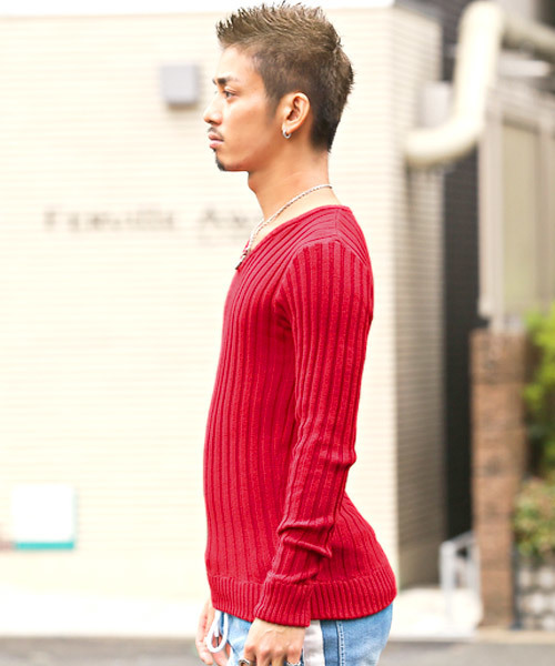 LUXSTYLE(ラグスタイル)の「リブVネックニットセーター(ニット/セーター・メンズ・ブラック/レッド/ホワイト/杢グレー・M/L/XL)」の5枚目の写真