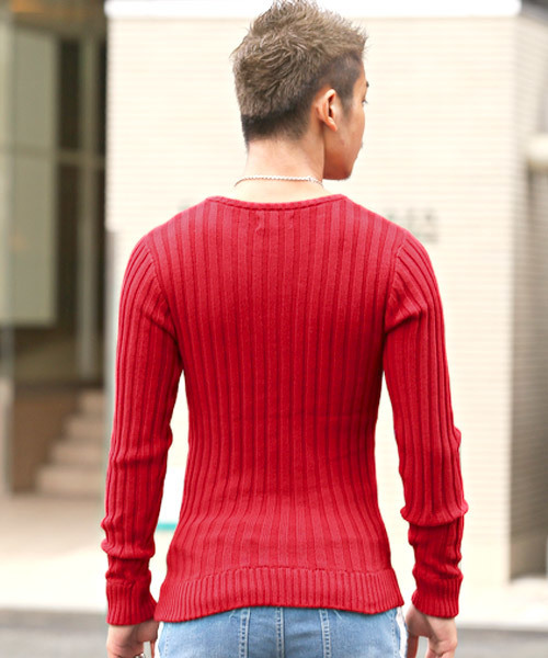 LUXSTYLE(ラグスタイル)の「リブVネックニットセーター(ニット/セーター・メンズ・ブラック/レッド/ホワイト/杢グレー・M/L/XL)」の16枚目の写真
