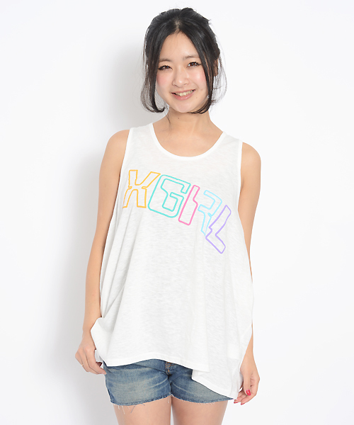 X-girl（エックスガール）の「RETRO LOGO BIG TANK TOP（タンクトップ・レディース・ホワイト/パープル/イエロー/ネイビー・1/2）」の2枚目の写真
