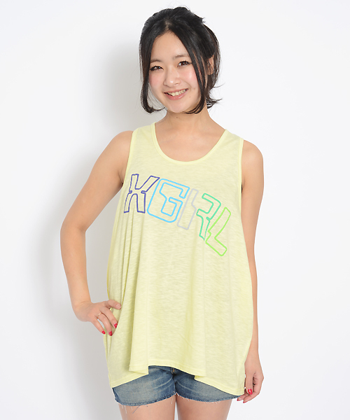 X-girl（エックスガール）の「RETRO LOGO BIG TANK TOP（タンクトップ・レディース・ホワイト/パープル/イエロー/ネイビー・1/2）」の4枚目の写真