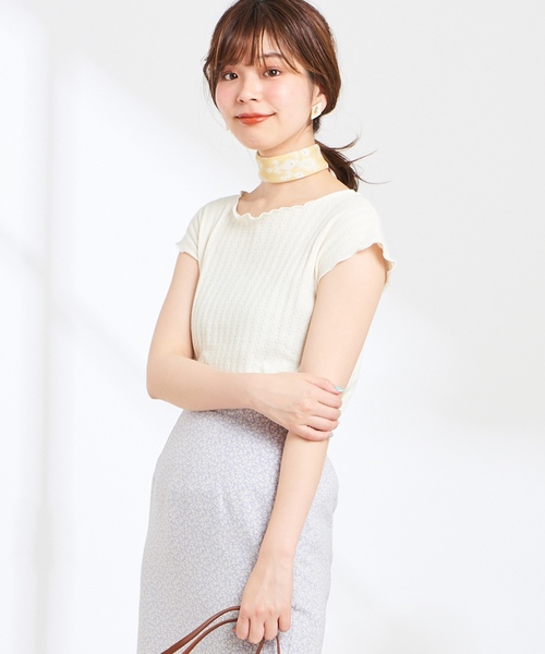 natural couture(ナチュラルクチュール)の「レトロジャガード波々×ローレンチTシャツ(Tシャツ/カットソー・レディース・ブラック/ベージュ/オレンジ/アイボリー・FREE)」の1枚目の写真