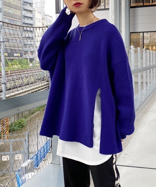 PAGEBOY（ページボーイ）の「フロントスリットプルオーバー（ニット/セーター・レディース・アクア/ブラック/オフホワイト・FREE）」の3枚目の写真