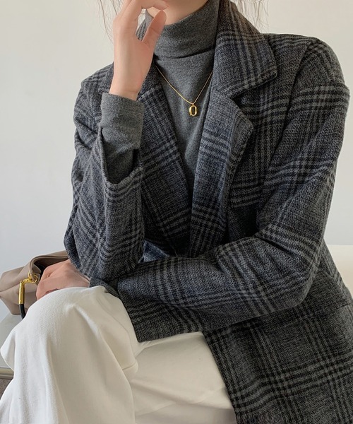 セール】中綿ダブル チェック柄 オーバーコート（テーラードジャケット