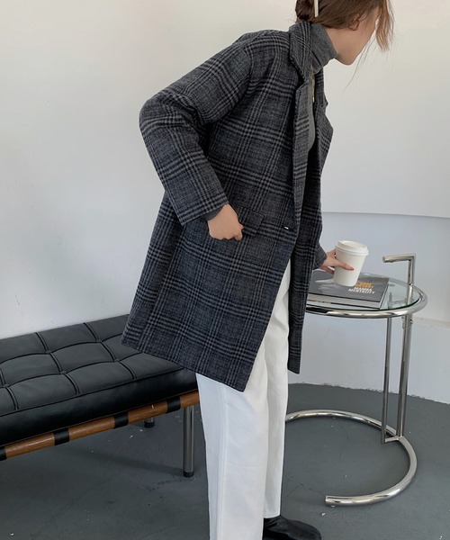 セール】中綿ダブル チェック柄 オーバーコート（テーラードジャケット