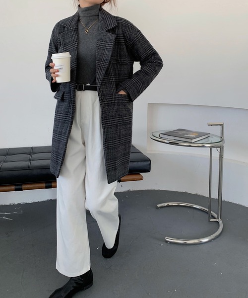 セール】中綿ダブル チェック柄 オーバーコート（テーラードジャケット
